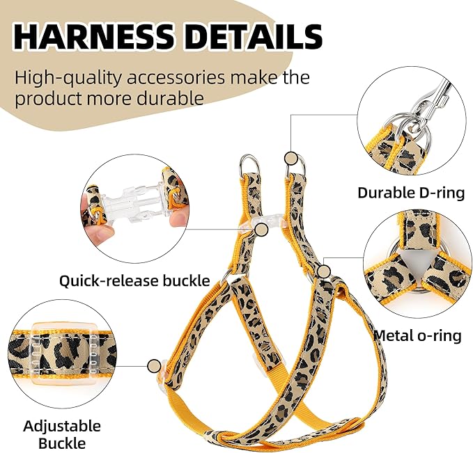 Mile High Life Leopard Dog Harness Collar Leash Set, Adjustable No Pull Dog Halter Harness for Small Breed Dogs, Easy Control for Training Walking (Yellow, S Chest 11"-18", Neck 10"-14")