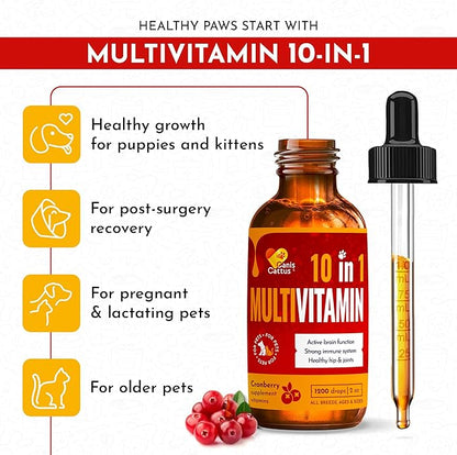 Multivitamin for Dogs & Small Pets with Glucosamine – Liquid B, C, D Dog Vitamins for Skin, Coat, Hips & Joints – Cat Vitamins for Indoor Cats Care for Urination, Breathing, Digestion – 2 oz Bottle