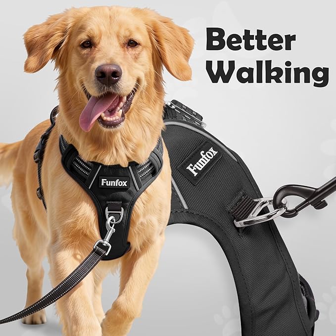 Funfox Dog Harness Medium Sized Dog, Vertical Handle Easy Control, No Pull Pet Vest Adjustable with 2 Leash Clips, Soft Material, Reflective Safe Night Walking for Small Medium Large Breed, Black, M