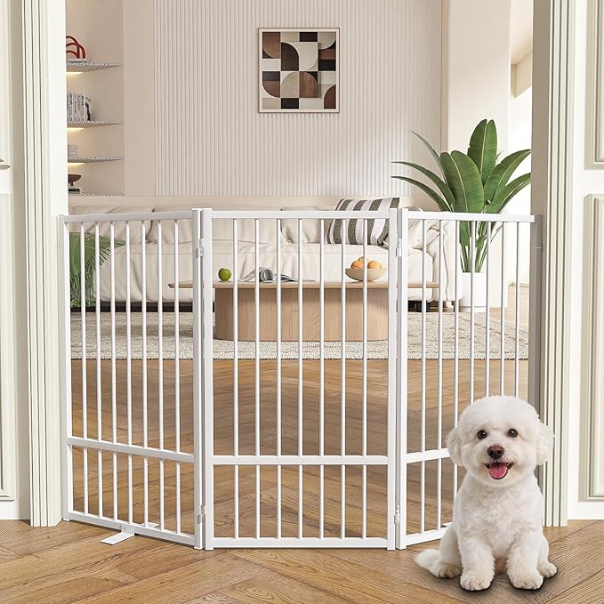 SNUOWU Full Metal Freestanding Dog Gate with Door, 36''Height Foldable Pet Dog Fence for Indoor & Outdoor, 3 Panels Extra Wide Free Standing TallDog Gates for Doorways,House,Stairs,Porch,Deck,Yard
