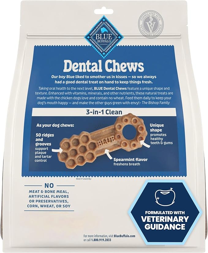Blue Buffalo Dental Chews Large Natural Dog Treats, Chicken & Spearmint 22-oz Bag (14 Count)