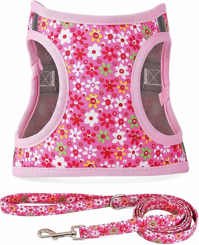 Moonpet Step in Dog Harness Leash Set- All Weather Reflective No-Pull Floral Pattern Padded Mesh Vest Harness for Cats Puppy Extra-Small Small Medium Large Dogs - Pink Flower - S