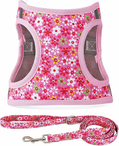 Moonpet Step in Dog Harness Leash Set- All Weather Reflective No-Pull Floral Pattern Padded Mesh Vest Harness for Cats Puppy Extra-Small Small Medium Large Dogs - Pink Flower - M