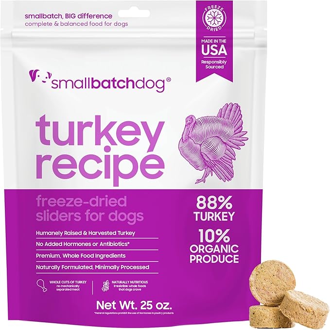 smallbatch Pets Freeze Dried Raw Dog Food, Turkey Recipe, 25 oz, Organic High Protein Dog Food, Grain Free, Made in the USA, Humanely Raised Meat, Single Protein, for Picky Eaters, Hydrate & Serve