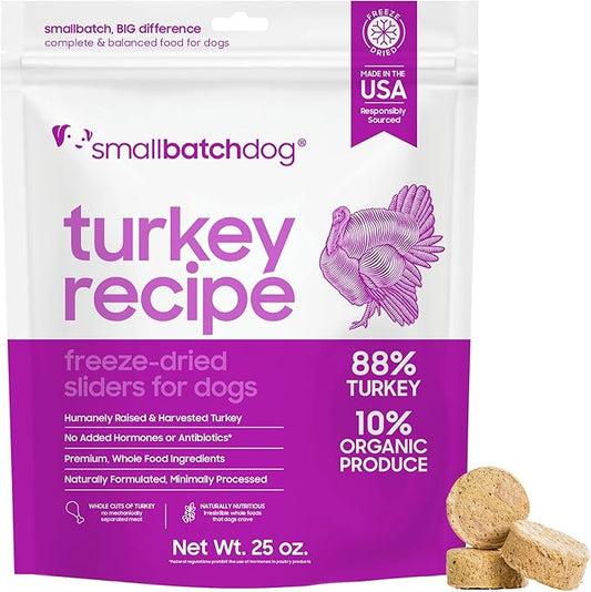 smallbatch Pets Freeze Dried Raw Dog Food, Turkey Recipe, 25 oz, Organic High Protein Dog Food, Grain Free, Made in the USA, Humanely Raised Meat, Single Protein, for Picky Eaters, Hydrate & Serve