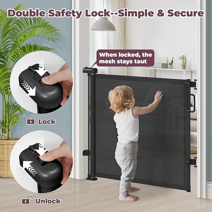76" Retractable Baby Gates Extra Wide, Mesh Long Dog Gate for Wide Openings, Indoor Outdoor Stair Gate for Doorways Hallways Deck Porch, Child Pet Safety Essentials for Home, Black