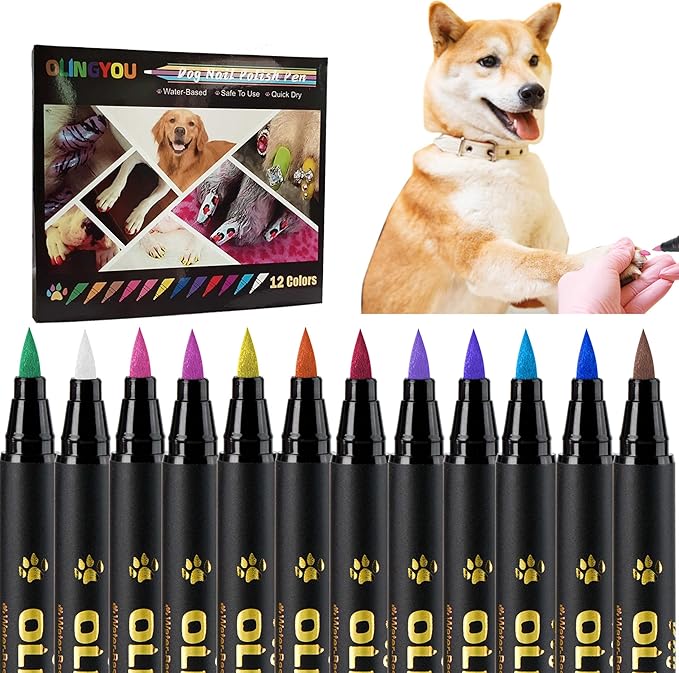 OLINGYOU Dog Nail Polish， Dog Nail Polish Pens Quick Dry-12 Colors, Pet Nail Polish Set for Dogs， DIY Dogs Puppy Nails, Dog Safe Nail Polish Non Toxic, Odorless, Easy to Applyt