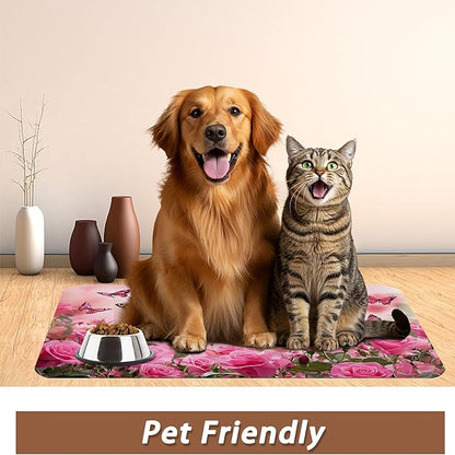 Rose Pink Dog Cat Food Mat,Butterfly Absorbent Pet Feeding Mat for Food and Water,Non-Slip Dog Bowl Mats Floor Protector 12"x20"