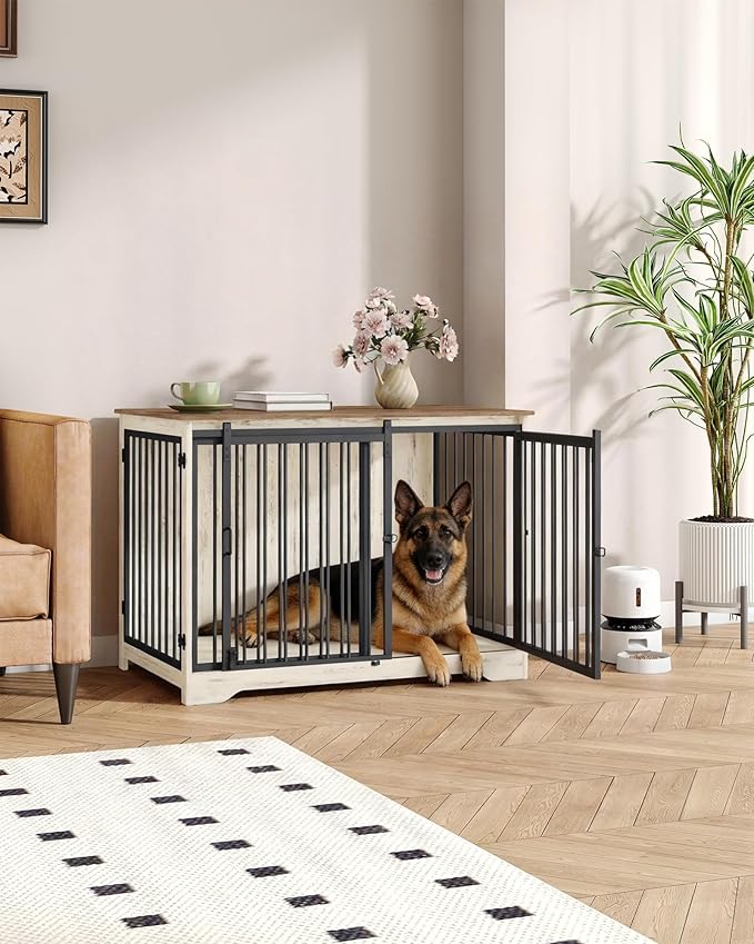 Hzuaneri 43.3" Dog Crate Furniture with Barn Door, Heavy Duty Dog Kennel Indoor with 2 Doors, Wooden Pet Cage End Table for Large Small Medium Dogs, Anti-Chew Anti-Escape, White Brown DFC92314B