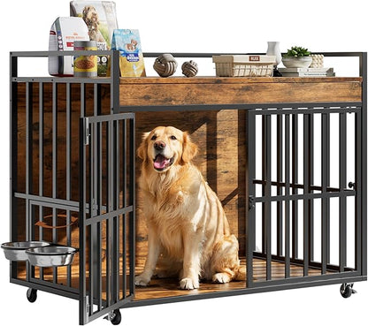 43 Inch Dog Crate Furniture, Heavy Duty Dog Kennel with 3 Doors, 2 Adjustable Bowls and Lockable Wheels, Wooden Dog House for Large Dogs, End Table Dog Cage, Rustic Brown