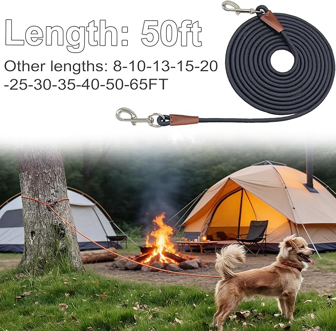 Tie Out Rope Dog Leash, Long Tether 8-10-13-15-20-25-30-35-40-50-65 FT Heavy Duty Nylon Check Cord for Medium Large Dogs Indoor/Outdoor Playing Camping Backyard (Black, 3/8" x 50ft)