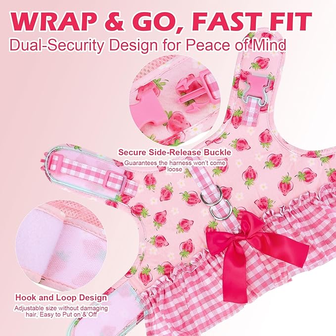 EXPAWLORER Dog Harness Small Medium Sized Dogs, Plaid Dog Dress Bowknot Harness and Leash Set, No Choke No Pull Soft Mesh Vest Cute Princess Puppy Outfits Clothes Costume for Girls Party Cats Pink M