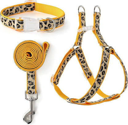Mile High Life Leopard Dog Harness Collar Leash Set, Adjustable No Pull Dog Halter Harness for Small Breed Dogs, Easy Control for Training Walking (Yellow, S Chest 11"-18", Neck 10"-14")