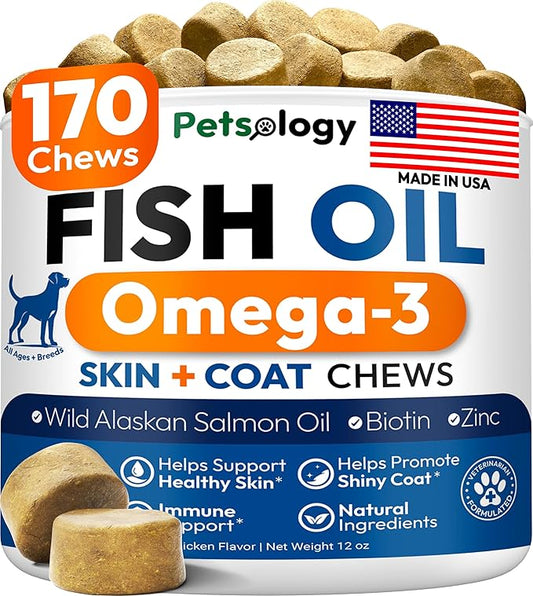 Omega 3 Fish Oil for Dogs - 170 Chews - Omega 3 for Dogs Itchy Skin & Allergy Relief - Skin & Coat Supplement - EPA & DHA Fatty Acids - Dog Anti Shedding & Hot Spot Treatment - Salmon Oil