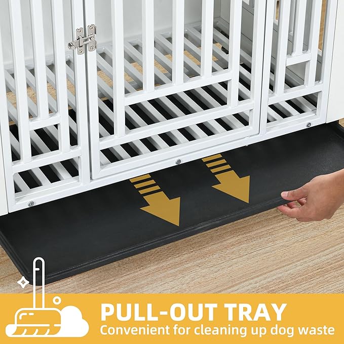 DWVO Double Dog Crate Furniture for 2 Large Medium Dogs, 76 Inch Heavy Duty Dog Kennel Indoor TV Stand with Wheels, Decorative Wooden Dogs Cage Table with Removable Tray, Chew-Resistant, White