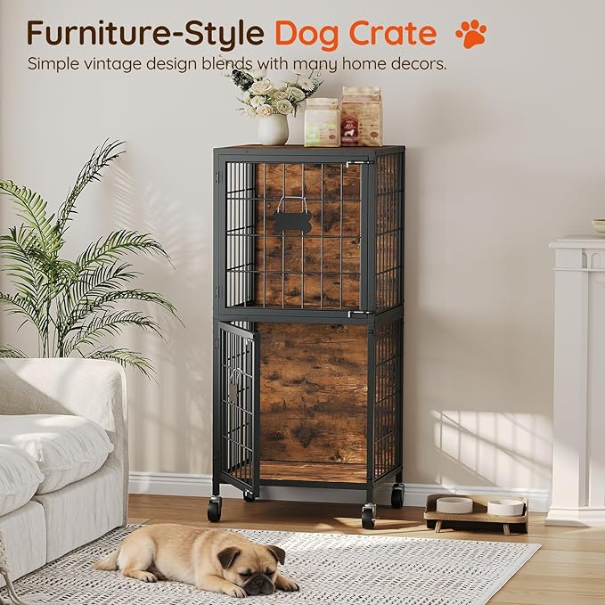 MAHANCRIS Dog Crate Furniture for 2 Dogs, 48.8" Tall Double Dog Kennel Furniture for Small Medium Dogs, 2-Tier Dog Cage End Table with Name Tags & Wheels, Decorative Dog House, Rustic Brown DCHR5401