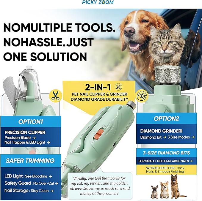 2-in-1 Dog & Cat Nail Clippers and Grinder with Light – Upgraded Safety Guard to Avoid Overcutting, Sharp Blade, Painless Quiet Pet Nail Claw Trimmers, Professional Grooming Tool for Large Small Pets
