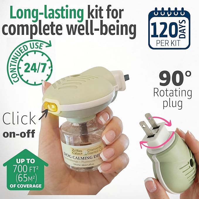120 Days Advanced Dog Calming Diffuser Kit with Pheromones + Lavender & Chamomile for Anxiety Relief, Dog Pheromones Calming Diffuser Plug-in - 2 Diffusers & 4 Refills