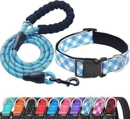 Ladoogo Reflective Dog Collar Padded with Soft Neoprene Breathable Adjustable Nylon Dog Collars for Small Medium Large Dogs (X-Small (Pack of 1), Vivid Blue Plaid Collar+Leash)