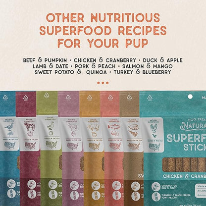 Dog Treat Naturals Superfood Sticks, Chicken & Cranberry, 10oz Bag | Dog Chew Sticks | All-Natural, Pet Training Treats | Joint-Skin-Coat Health | USA Made
