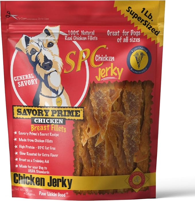 Savory Prime Chicken Jerky Dog Treats, Made with 100% Real Chicken Breast, Farm Raised, Healthy, Easily Digestible, High Protein, Satisfies Dog's Urge to Chew, 1 Pound (Pack of 1)