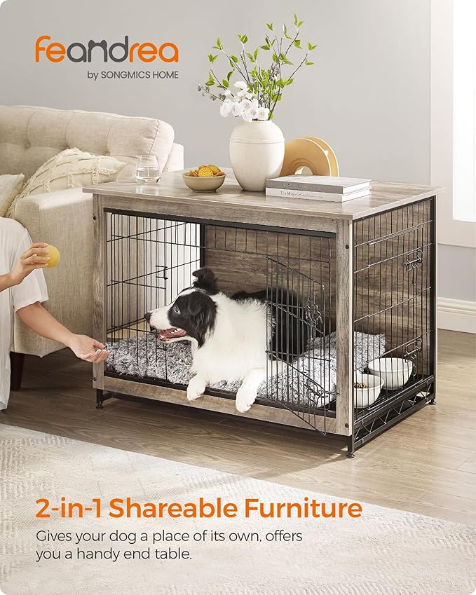 Feandrea 38.6" Dog Crate Furniture, Indoor Dog Cage Side End Table, XL Pet Wood Kennel for Large and Medium Dogs up to 70 lb with Multi-Purpose Removable Tray, Double-Door Pet House, Greige