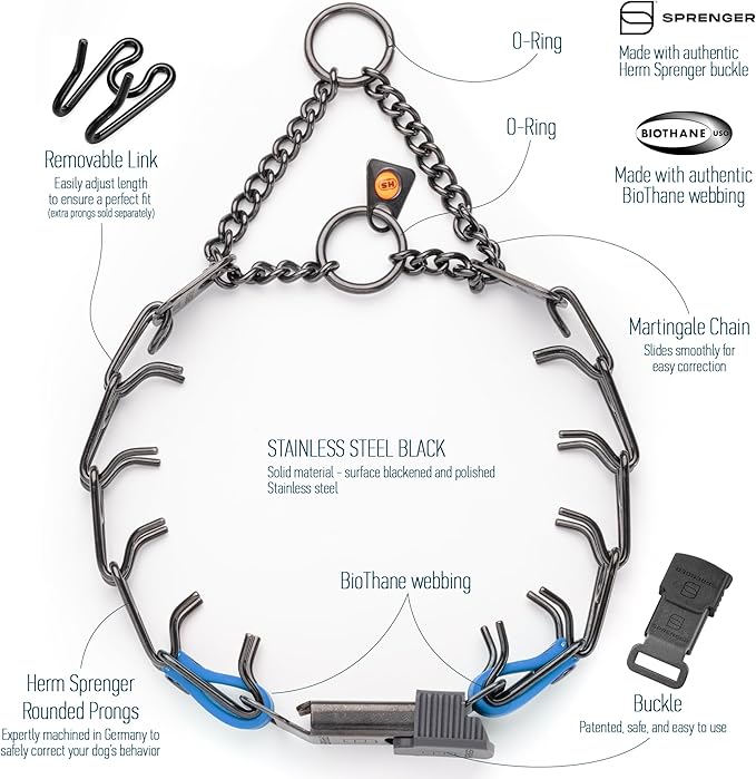Herm Sprenger Black Stainless Steel Dog Collar with Quick Release ClicLock Buckle O-Ring Biothane Insert Training Collar Made in Germany (Cerulean Blue, 16in x 2.25mm(Neck Size up to 13-14in))