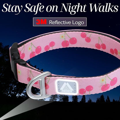 Girl Dog Collar, Pink Cute Cherry Print Reflective Padded Collar with Soft Neoprene, Adjustable Lightweight Pet Collar for Small Dogs, Puppies,Neck Size 9’’-14’’ (Cherry, S)