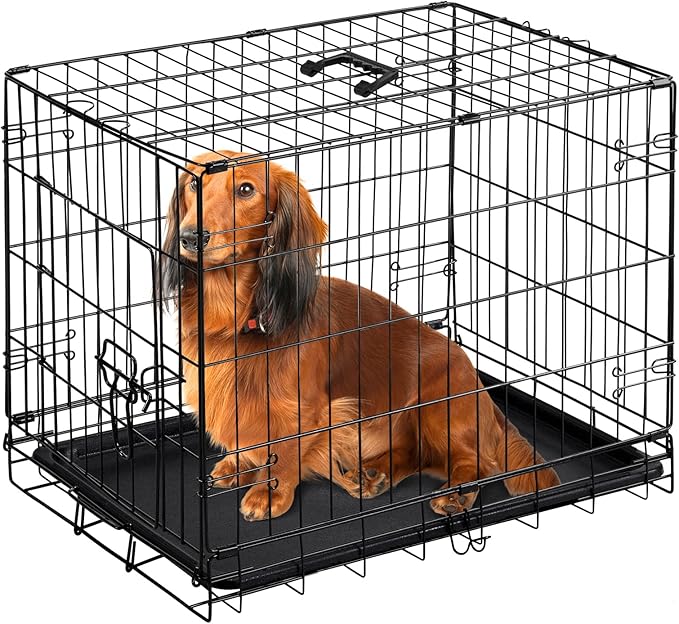 DUMOS Dog Crate, 30 Inch Medium Single Door Dog Cage with Plastic Leak-Proof Pan Tray, Folding Metal Wire Pet Kennel for Indoor, Outdoor, Travel