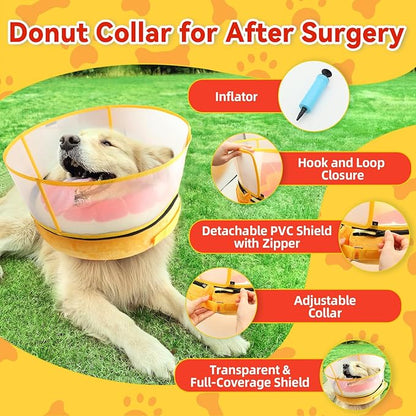Upgraded Inflatable Dog Cone Collar with Transparent Anti-Licking Shield, Adjustable Elizabethan Collar for Medium Large Dogs, 2-in-1 Design with Detachable Shield and Soft Padding (M, Grapefruit)
