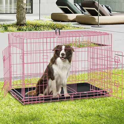 Dog Crate for Large Medium Small Dogs, Folding Dog Kennel Cage with Plastic Tray & Divider 48"/42"/ 36"/ 30"/ 24" Indoor Outdoor Metal Double Door Heavy Duty Dog Pen Enclosure, Pink(48 Inch)