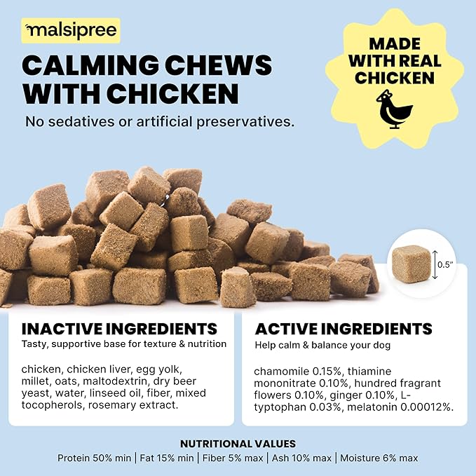 MalsiPree Calming Chews for Dogs, Freeze-Dried Chicken Treats with Passion Flower & Melatonin, Promotes Calm Behavior During Travel, Fireworks, and Loud Noises, Everyday Relaxation Support, 145 Count