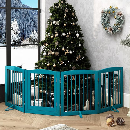 PUPETPO Freestanding Dog Gate with Door, Pet Gate for Stairs, 80 inch Wide Pet Barrier Indoor, Dog Fences Indoor, Support Feet Included, 4 Panels, 24" Tall, Blue