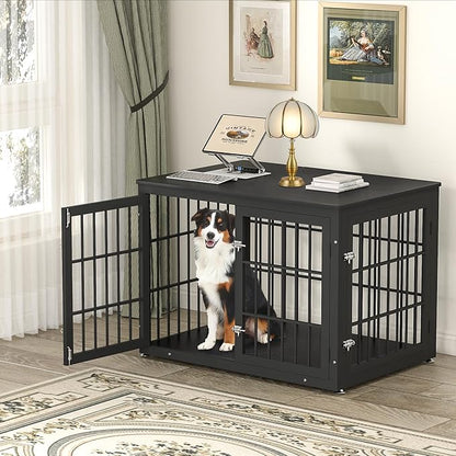 rehomerance 42 Inch Heavy Duty Dog Crate Furniture for Large and Medium Dogs, Decorative Pet House End Table, Wooden Cage Kennel Furniture Indoor, Black