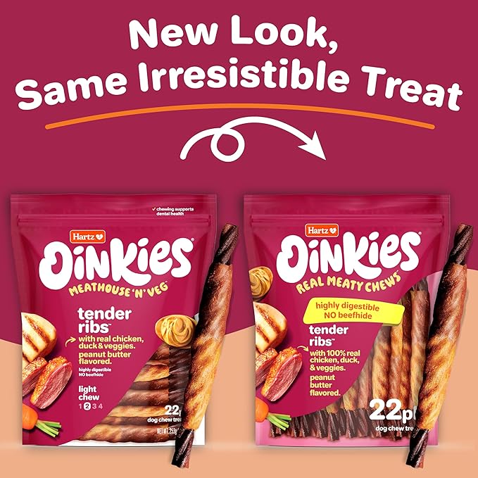 Hartz Oinkies Tender Ribs with Real Chicken, Duck & Veggies, Peanut Butter Flavored Rawhide-Free Dog Treats, Highly Digestible Dog Chews, 22 Count