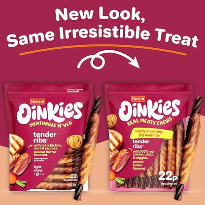 Hartz Oinkies Tender Ribs with Real Chicken, Duck & Veggies, Peanut Butter Flavored Rawhide-Free Dog Treats, Highly Digestible Dog Chews, 22 Count