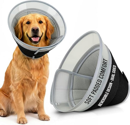 Premier Web Products Soft Dog Cone Collar To Stop Licking - Medium Dog Cone, Adjustable and Reversible Design, Non-Woven Breathable Fabric, Elizabethan Recovery Collar after Surgery for Cat, Black