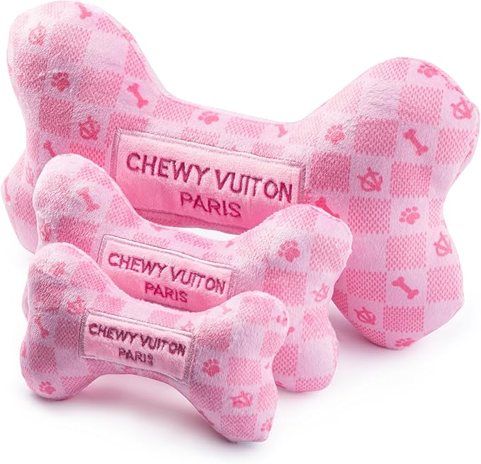 Haute Diggity Dog Chewy Vuiton Bone Plush Squeaky Dog Toy, Soft Durable Designer-Inspired Stuffed Puppy Chew Toys for Small, Medium & Large Dogs, Machine-Washable (Pink Checker) XL