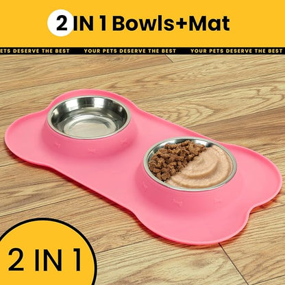 Conlun Medium Pet Feeding Station, 29oz Stainless Steel Dog Bowls Set, No Spill Food & Water Dishes with Non Slip Silicone Mat for Breeds Up to 55 Lbs, Pink