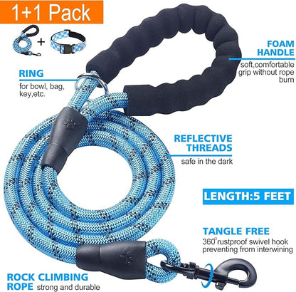 Ladoogo Reflective Dog Collar Padded with Soft Neoprene Breathable Adjustable Nylon Dog Collars for Small Medium Large Dogs (Small (Pack of 1), Vivid Blue Plaid Collar+Leash)