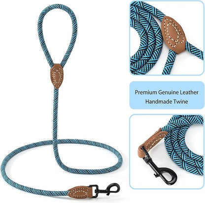 Mile High Life Rope Leash with Genuine Leather Connection, 6 FT/5 FT/4 FT, Heavy Duty Leash for Medium & Large Dogs (Turquoise Green, 72 Inch)