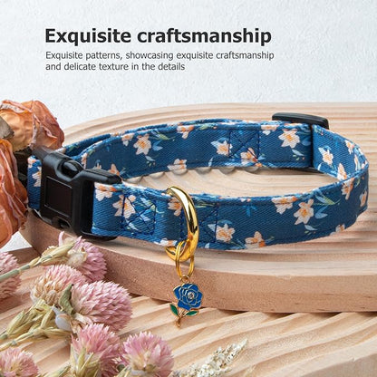 Cotton Handmade Dog Collar Cute and Distinctive Patterns Blue Tulip with Pendant for Girl Boy Dogs Collars M
