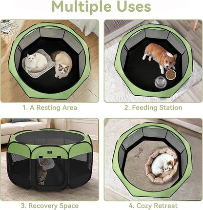 Dog Playpen for Small Dogs & Puppies, 50.39" Portable Indoor Outdoor Puppy Playpen with Bowl, Waterproof Floor, Foldable Pop-Up Pet Pen for Home, Travel & Daily Use, Green+Black