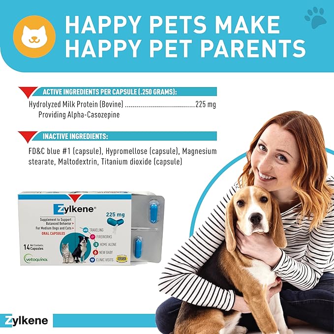 Vetoquinol Zylkene - Calming Oral Support for Medium Dogs & Large Cats - Supports Behavior & Occasional Anxiety - for Boarding, Vet Visits & Celebrations - Non-Drowsy & Lactose-Free - 14 Capsules