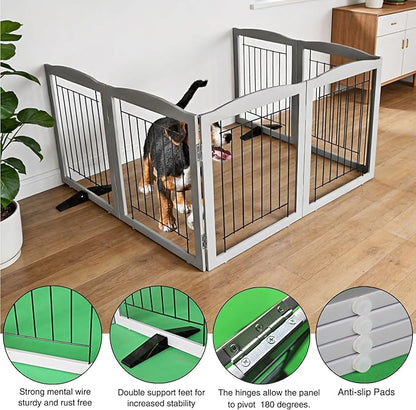 ZJSF Freestanding Dog Fence Indoor, Foldable Dog Gate for Doorways, Stairs or Hallways, Sturdy Wood Extra Wide Pet Gate with Support Feet for The House, Grey, 24 "Height-6 Panels