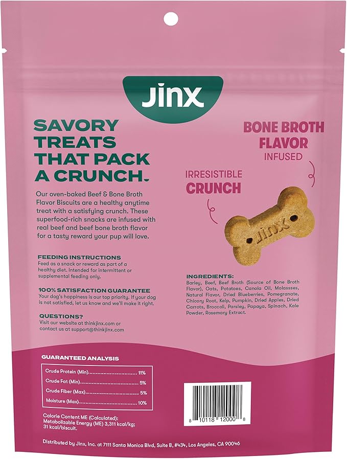 Jinx Oven-Baked Beef Bone Broth Biscuit Treats, Crunchy, All Natural, Superfood-Rich with Real Beef, Pumpkin & Blueberries, 16oz