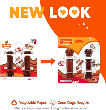 Nylabone Original & Textured Bone Power Chew Toy for Dogs, Durable & Tough Dog Toys for Aggressive Chewers, Basted Blast Bacon and Steak Flavor, X-Small Dogs - Up to 15 lbs, 2 Pack