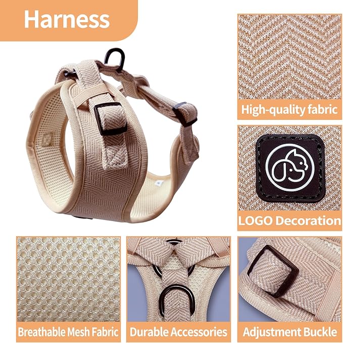 EVERKING 5-Piece Dog Travel Set, Adjustable Harness, Leash, Collar, Poop Bags, Bowtie for Small Medium Dogs, Beige, Breathable No-Pull Design (Beige, M)