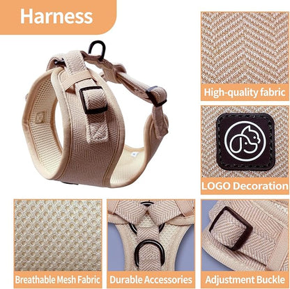 EVERKING 5-Piece Dog Travel Set, Adjustable Harness, Leash, Collar, Poop Bags, Bowtie for Small Medium Dogs, Beige, Breathable No-Pull Design (Beige, M)