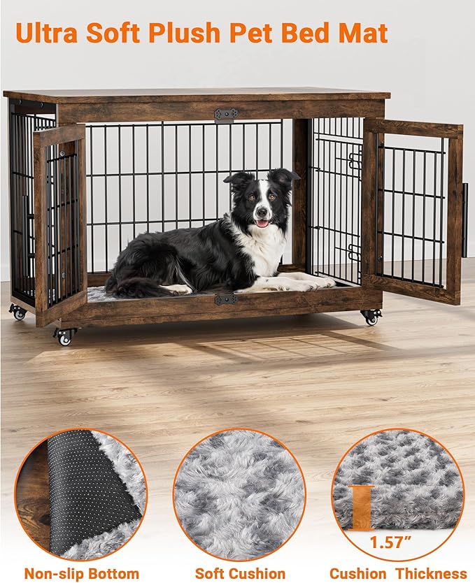Dog Crate Furniture with Cushion Set of 2, Large Wooden Dog Kennel Indoor with Double Doors, Dog Cage with Wheels, Dog House Side End Table for Large Medium Dogs up to 70 lb, 38.5” L, Rustic Brown
